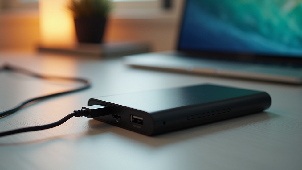 Close-up of portable power bank and charging cables on a table