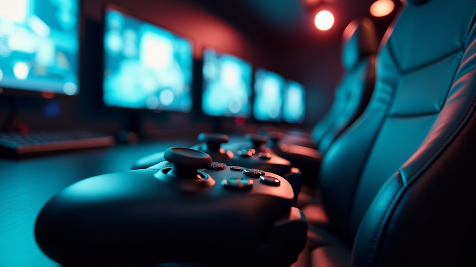 Close-up view of gaming consoles and controllers inside a mobile gaming truck