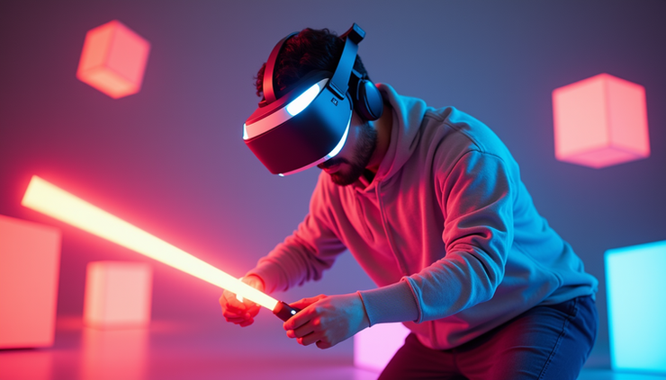 Eye-level view of a VR player slicing colorful blocks in Beat Saber