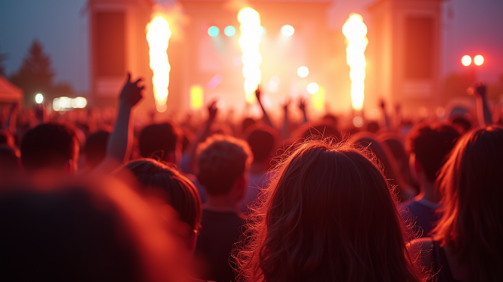 Eye-level view of a vibrant music festival crowd