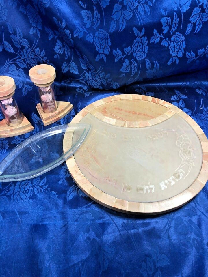 Thumbnail: Bread Blessing Challah Board w Shabbat Candlesticks Jerusalem Stone CJ Art