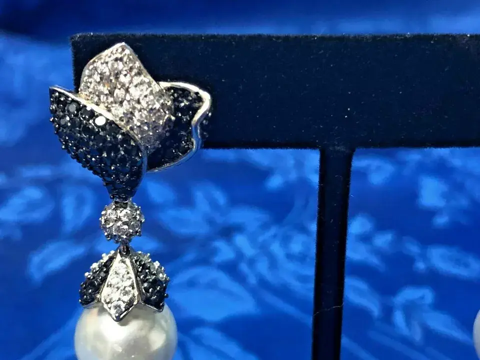 Thumbnail: Sterling Silver Pearl and Black & White Crystals Drop Earrings 925