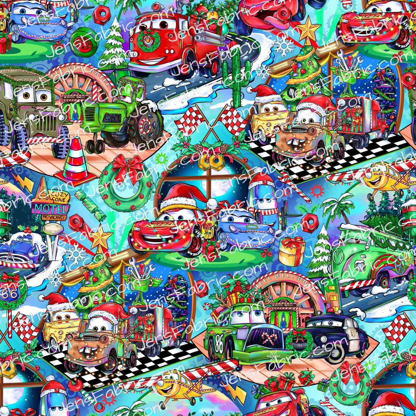 Magical Motif Cars Xmas: Scene Toss on Light Blue