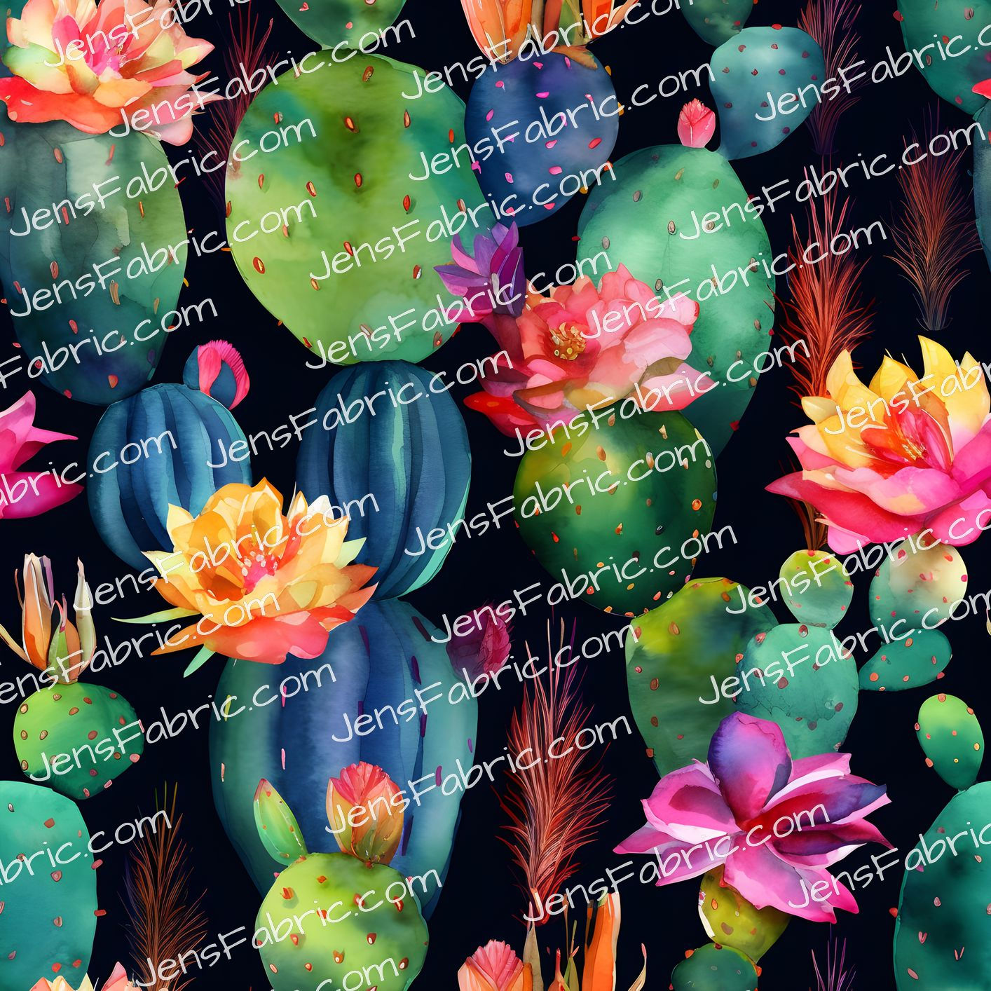 watercolor yellow floral cactus on black