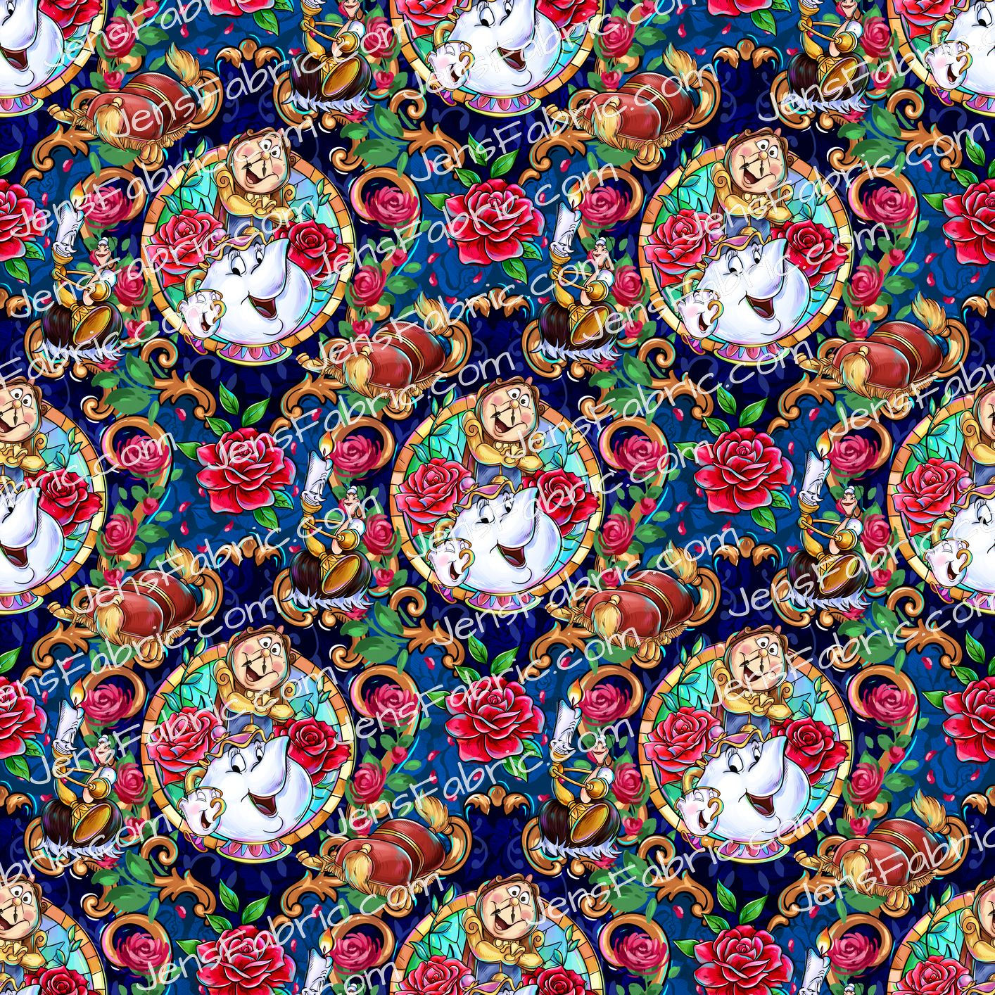 Magical Motif Beauty and the Beast: Mrs pots on blue