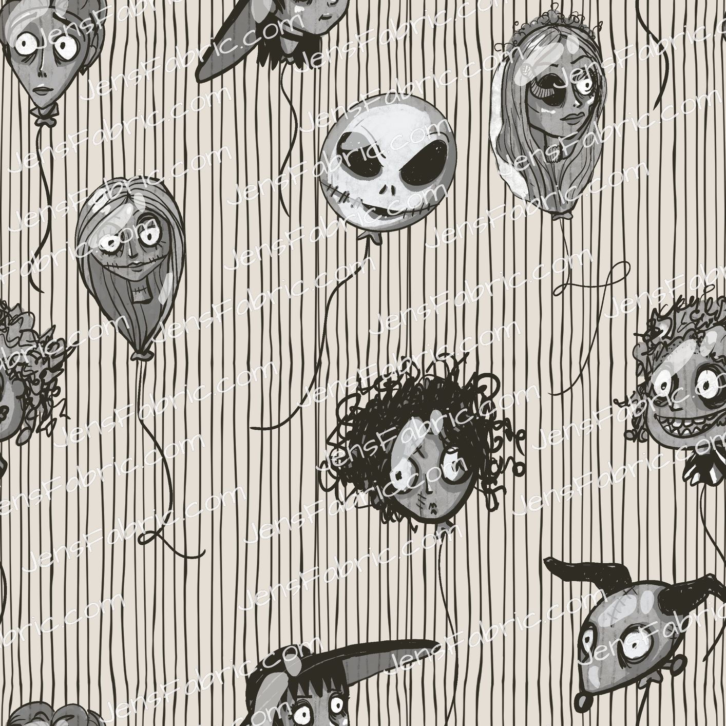 Cherry Fizz: Tim Burton Balloons on Sand Stripes
