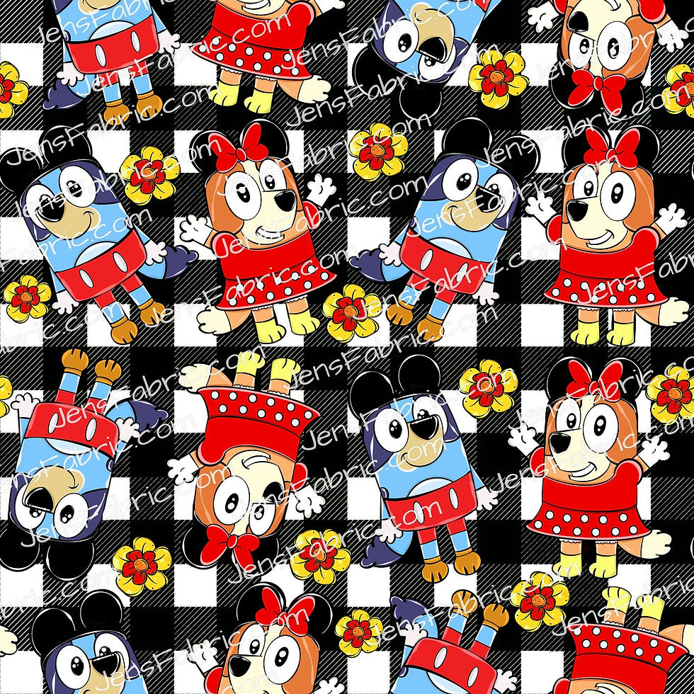 Minnie and mickey Bluey and Bingo Toss on Black plaidn with flowers