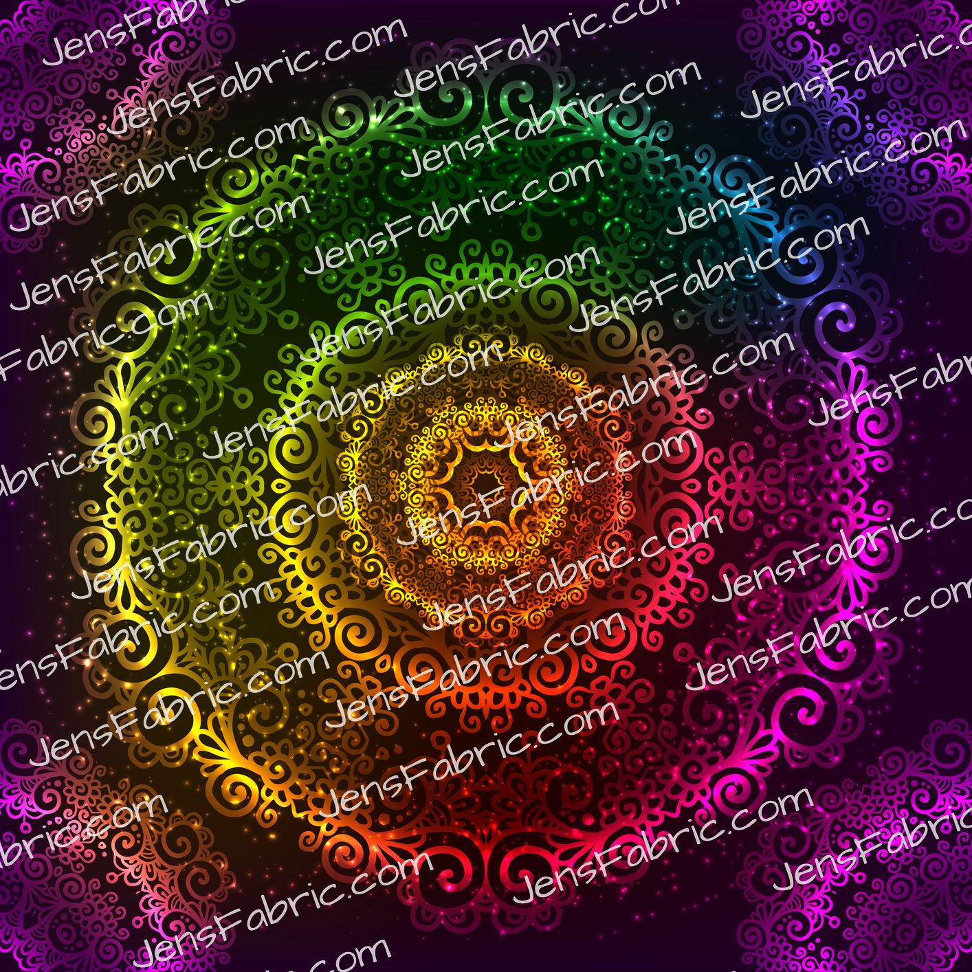 Rainbow mandala swirls on black