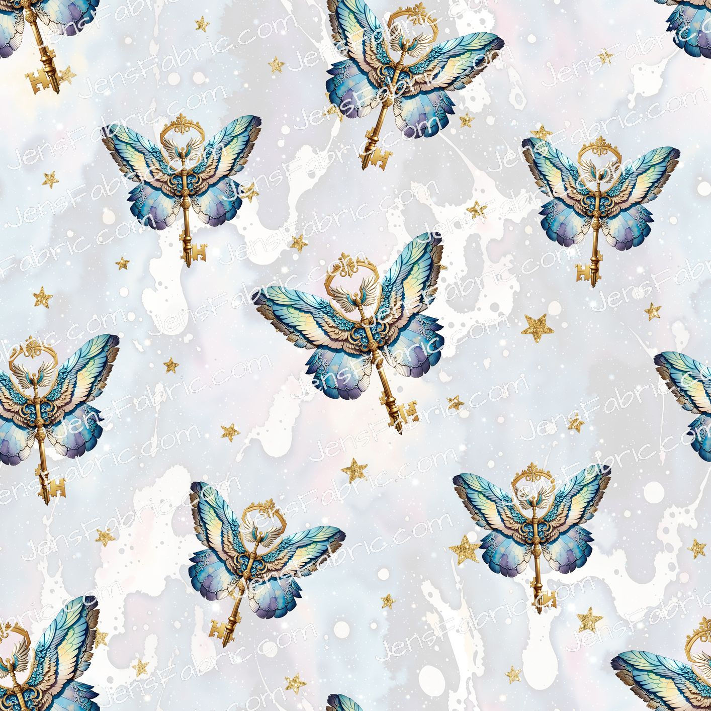 Watercolor flying keys on grey