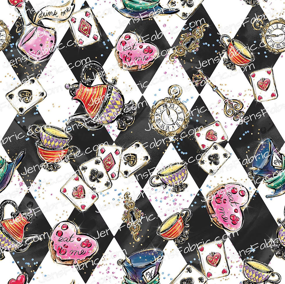 Alice in Wonderland Icons on black and white diamonds