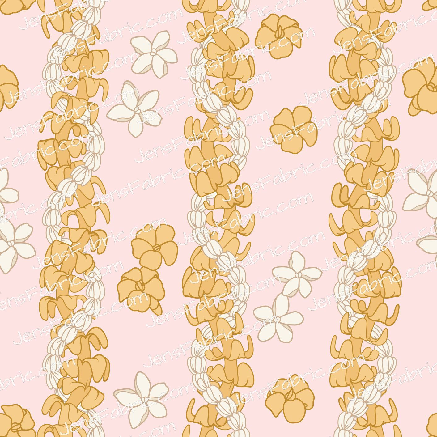 Vertical Puakinikeni Lei Mustard and White on light pink