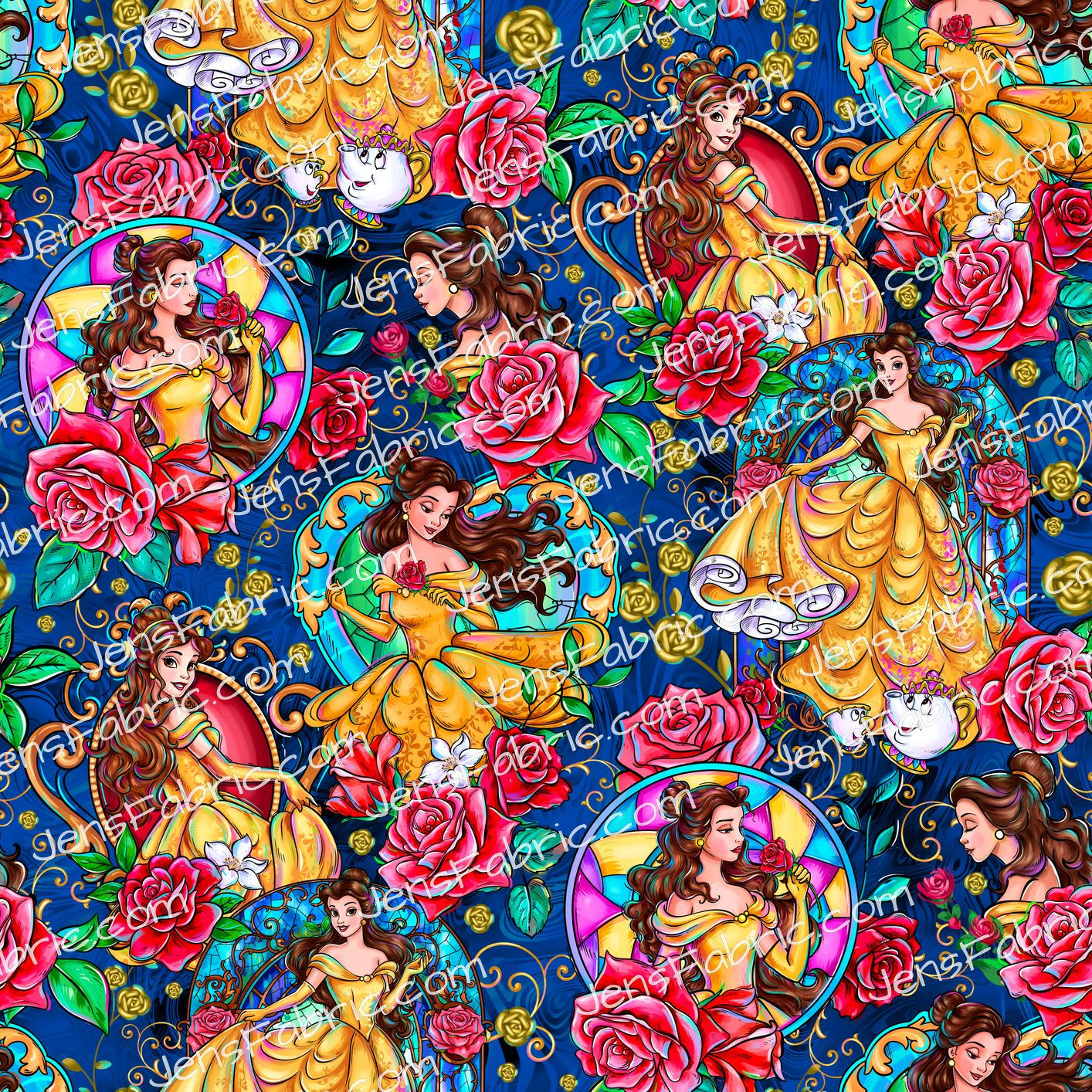Magical Motif Beauty and the Beast: Belle rose toss on blue