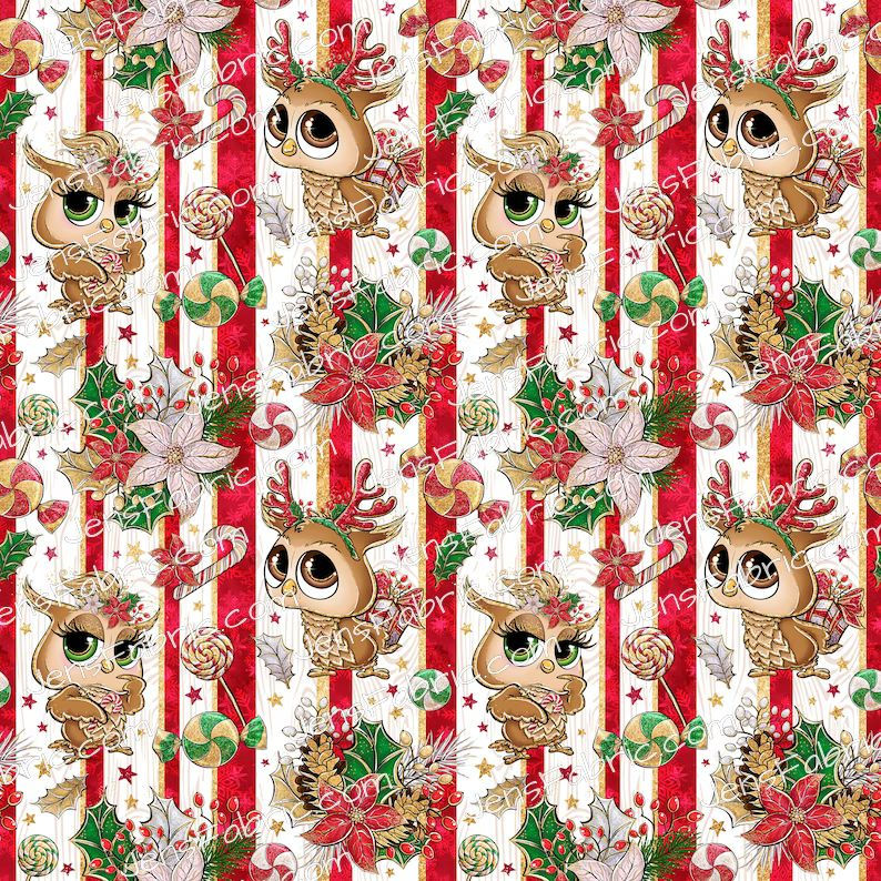 Christmas owls on vertical red stripes