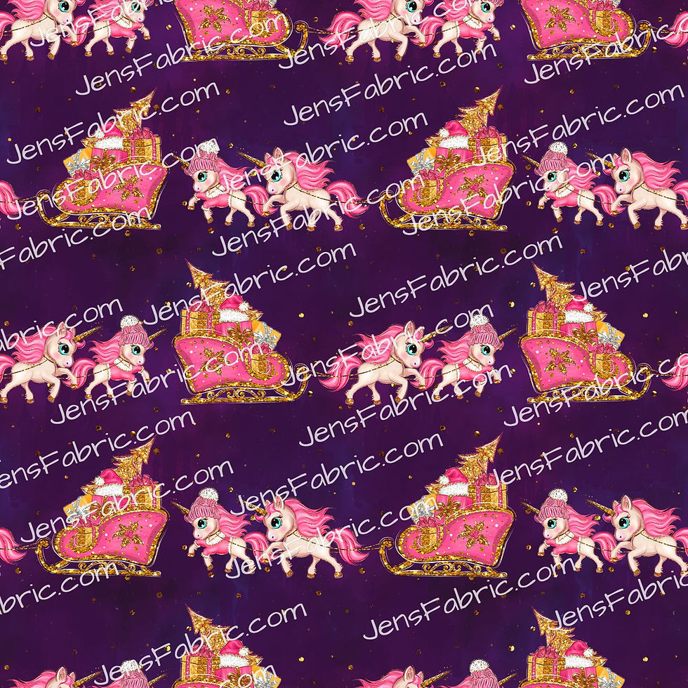 Pink Christmas Unicorns and sleighs on purple