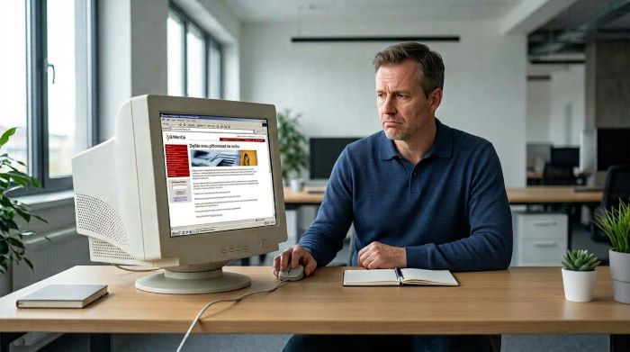 Podnikatel v polotričku porovnává zastaralý firemní web na monitoru a přeje si nový responzivní web i na mobilu