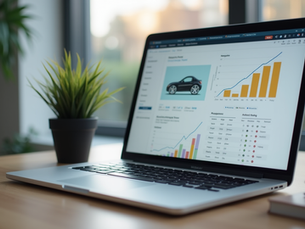 The laptop screen displays charts and statistics on the e-shop's performance, analyzing sales and traffic.