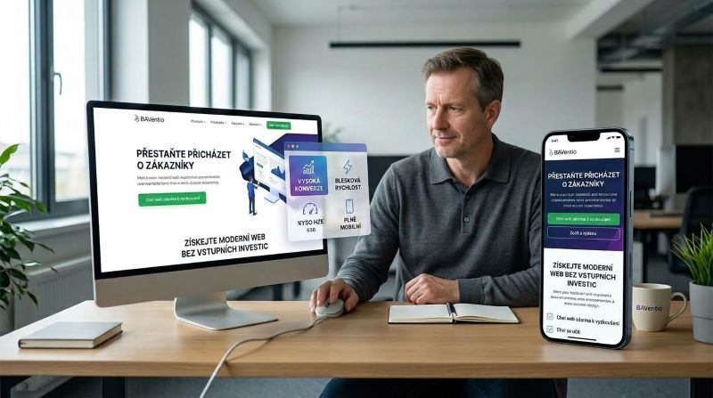 Podnikatel po srovnání zastaralého webu zdarma a moderního webu na paušál od BAVentio je spokojen.
