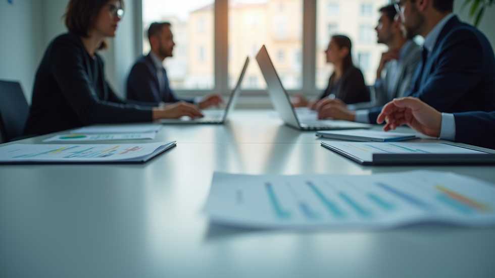 Eye-level view of a business meeting with charts and laptops