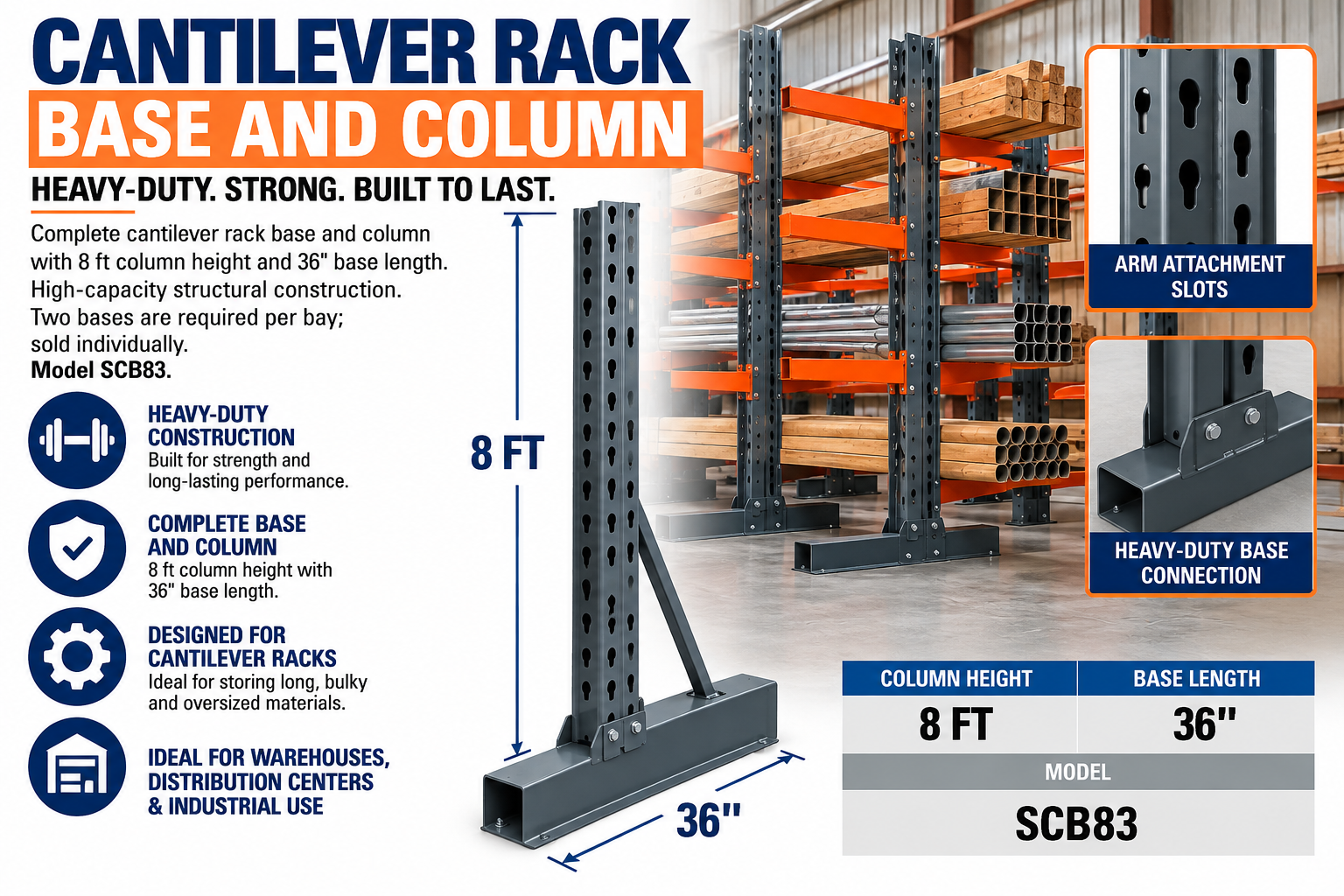 Cantilever Rack Base and Column - 8 ft Height x 36" Base