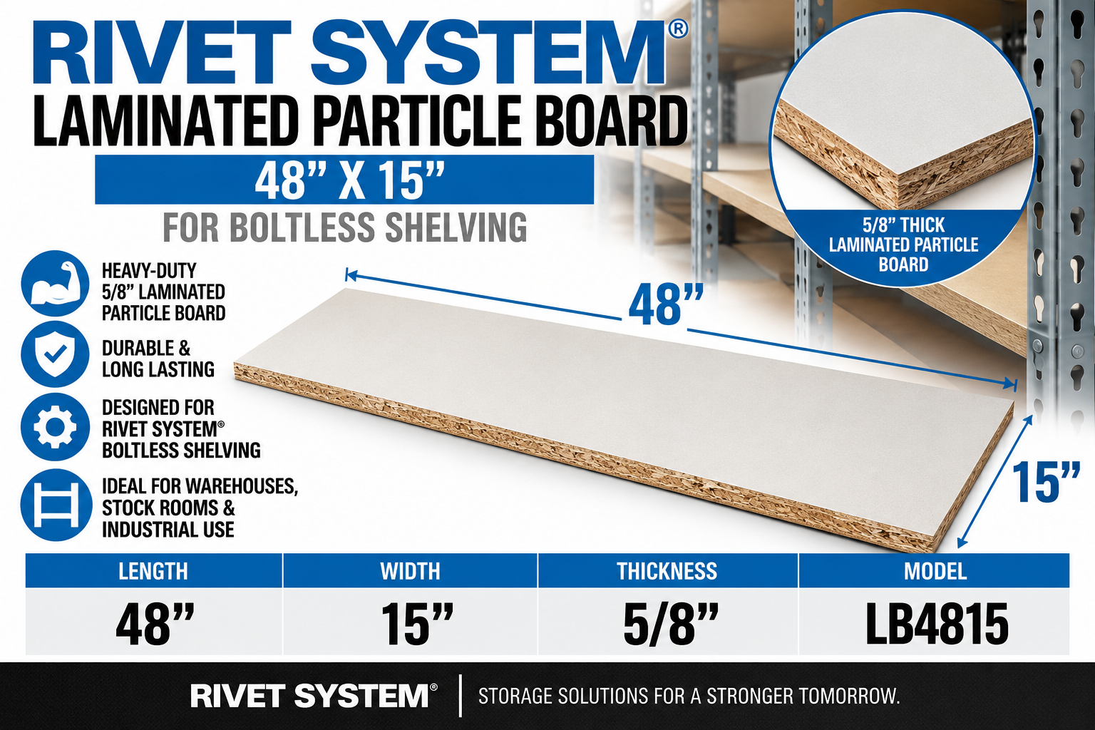 Rivet System Laminated Particle Board - 48" X 15"