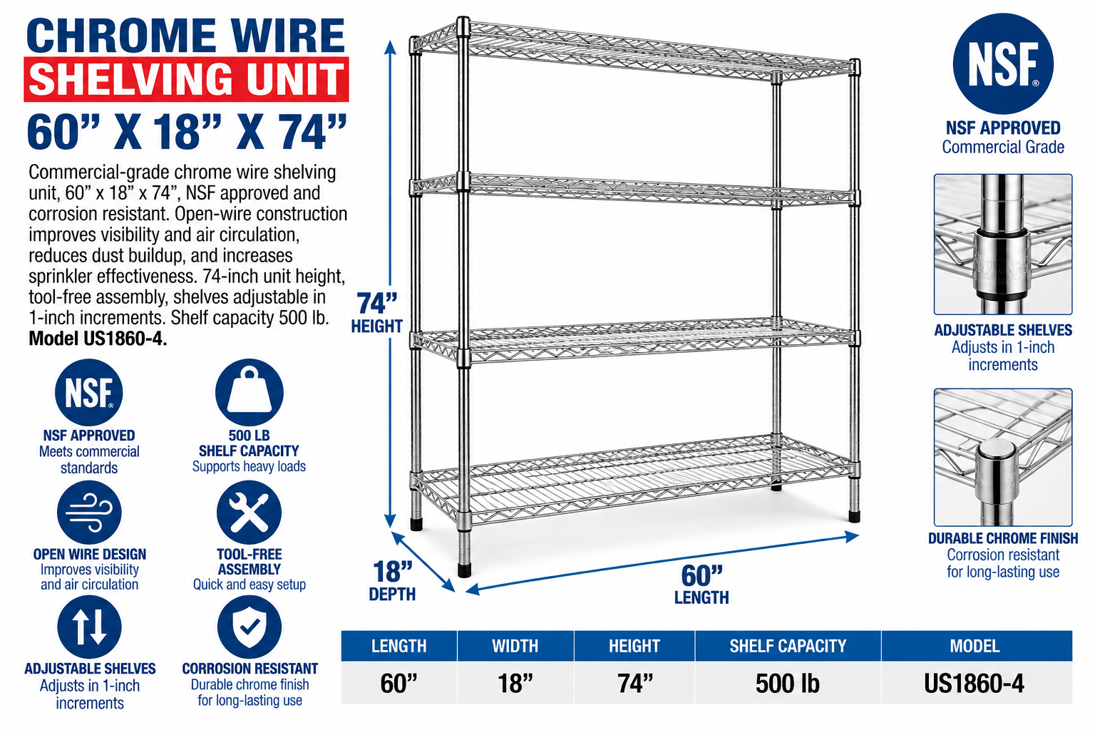 Chrome Wire Shelving Unit - 60" X 18" X 74"