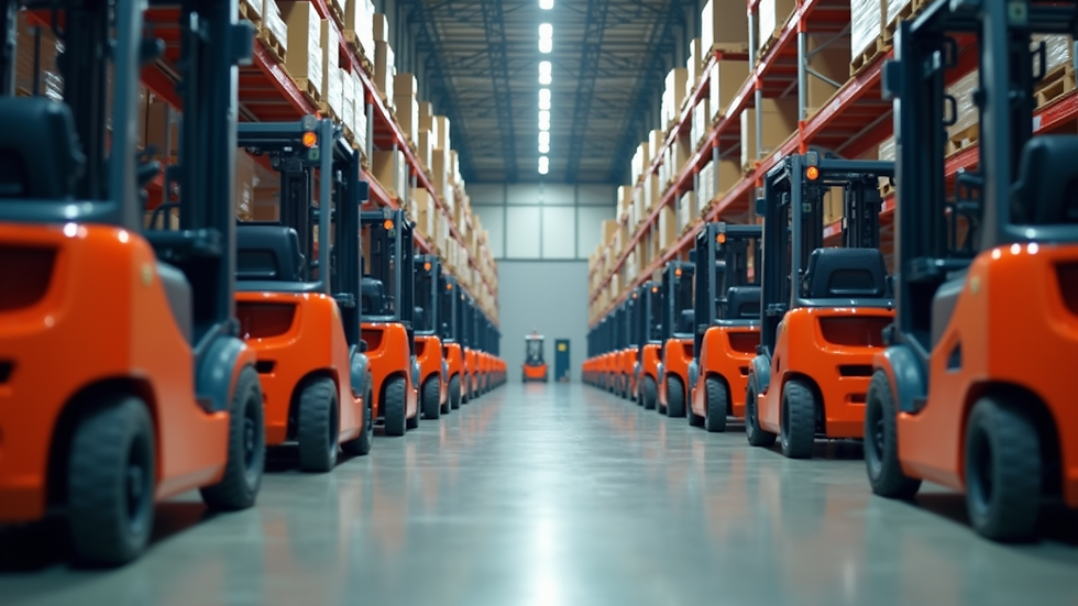 Eye-level view of a warehouse aisle with forklifts parked