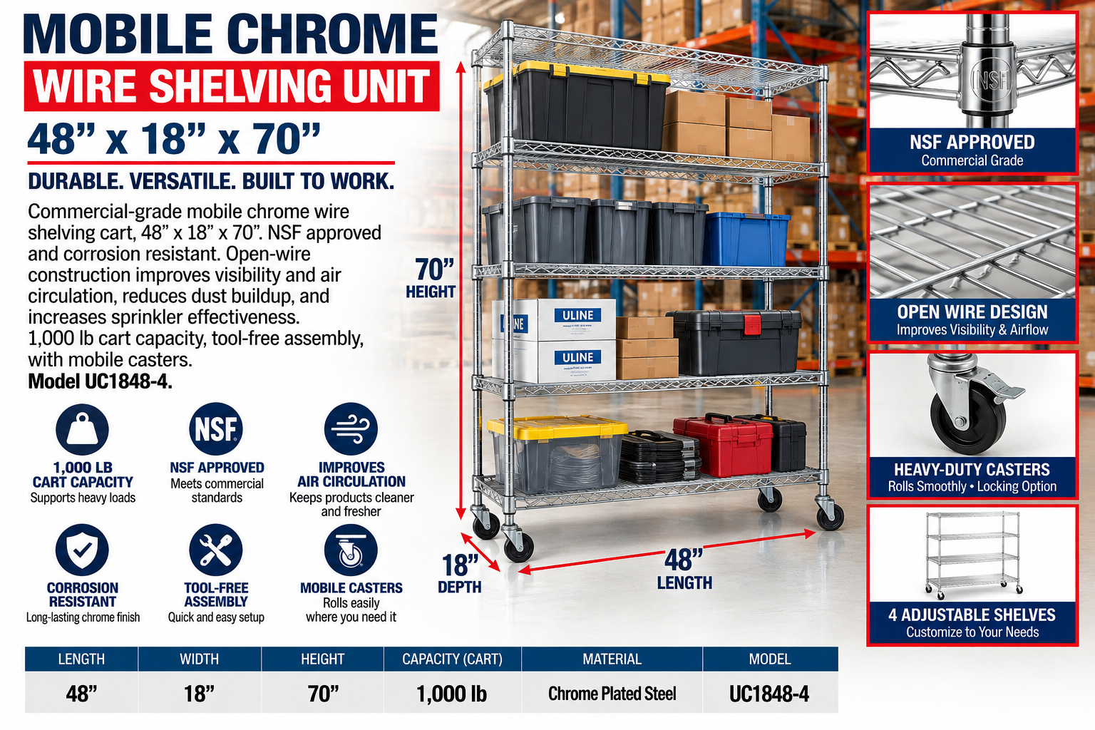 Mobile Chrome Wire Shelving Unit - 48" X 18" X 70"