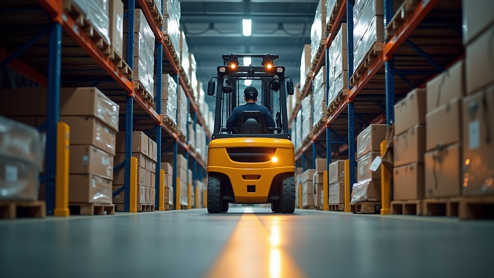 Eye-level view of an electric forklift operating quietly inside a warehouse