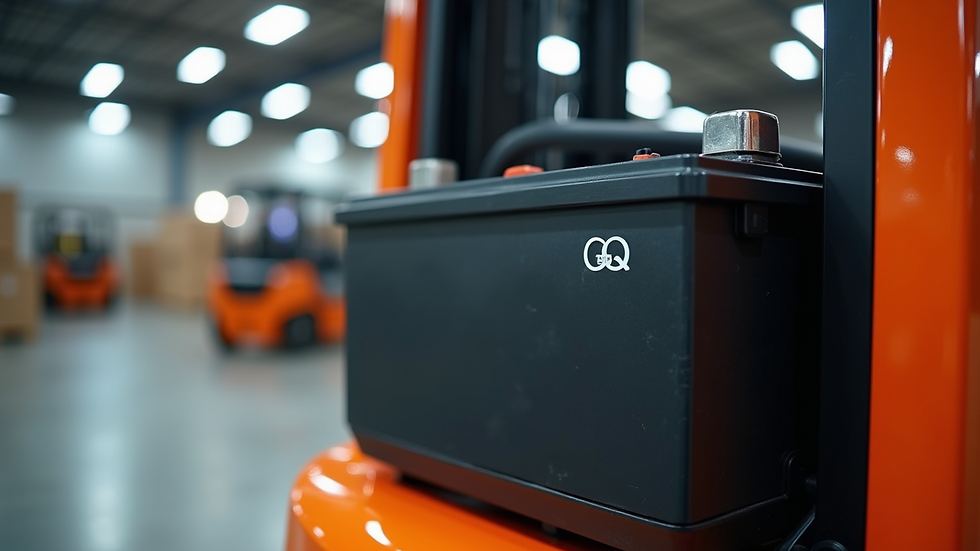 Close-up view of a lithium-ion battery pack installed in an electric forklift