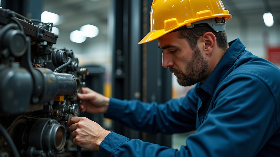 Eye-level view of a forklift technician inspecting engine components