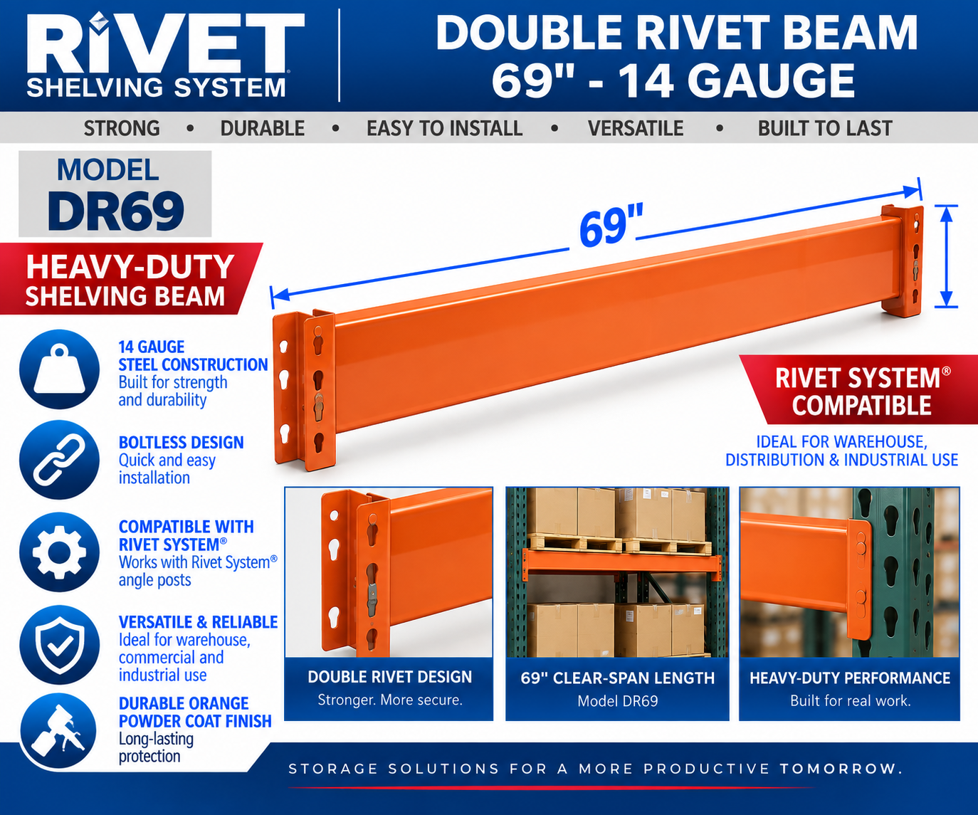 Rivet System Double Rivet Beam - 69" - 14 Gauge