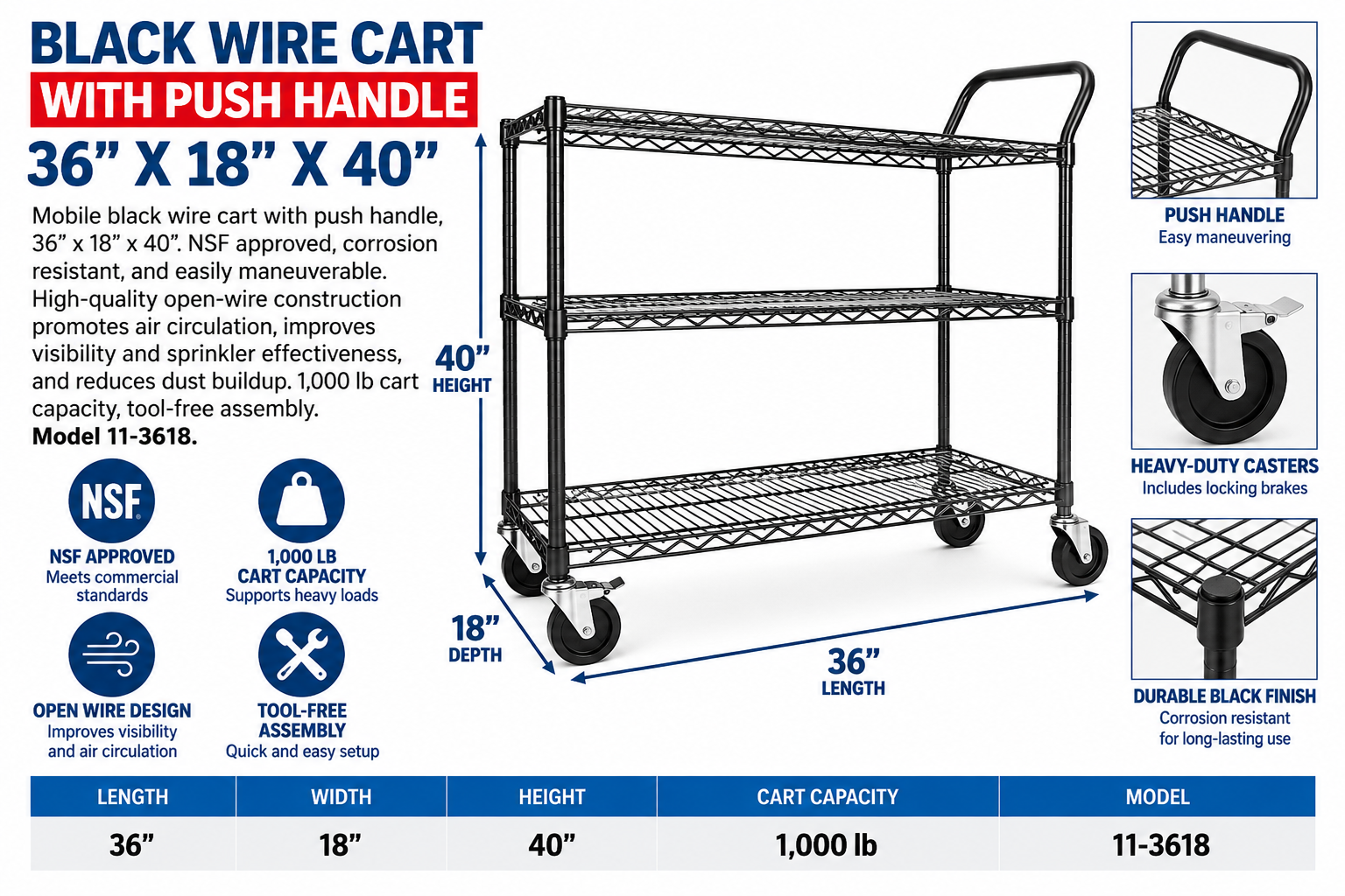 Black Wire Cart with Push Handle - 36" X 18" X 40"