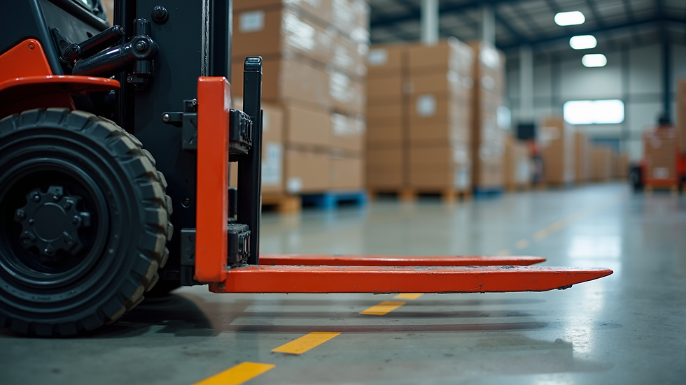 Close-up view of forklift mast and forks lifting a pallet