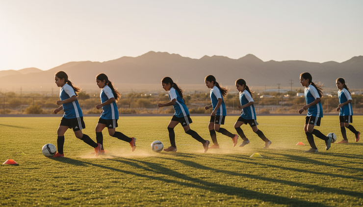 Side view of girls running a passing drill during soccer practice.
