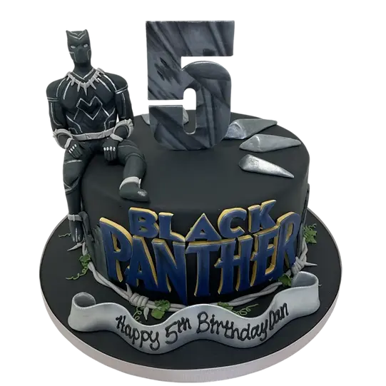 Bespoke Black Panther celebration cake with detailed edible mask and vibrant purple accents in Solihull, West Midlands.