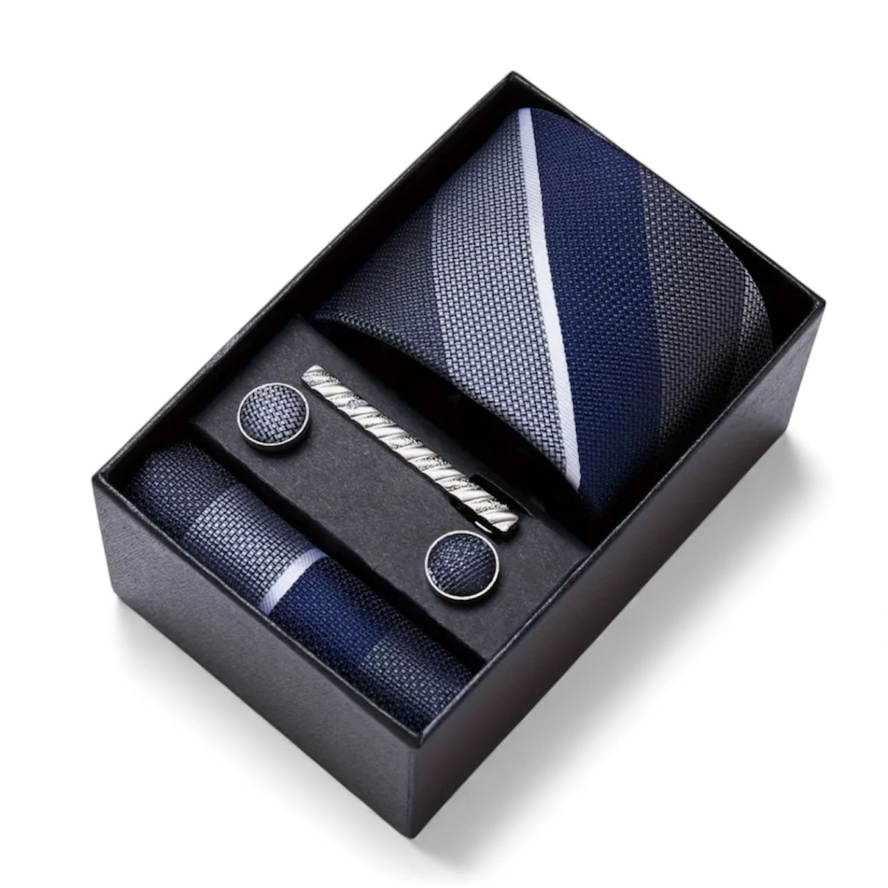 Комплект вратовръзка, метални ръкавели, кърпичка и щипка