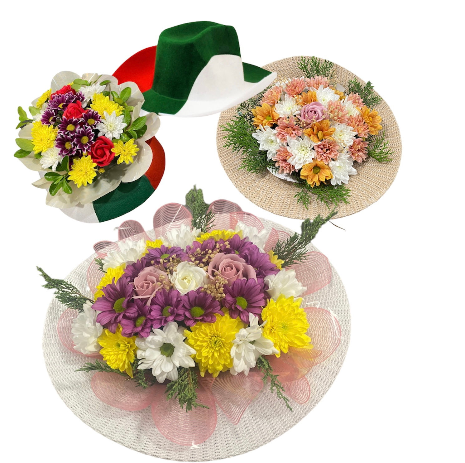 Икебана от сезонни цветя в шапка по Ваш избор