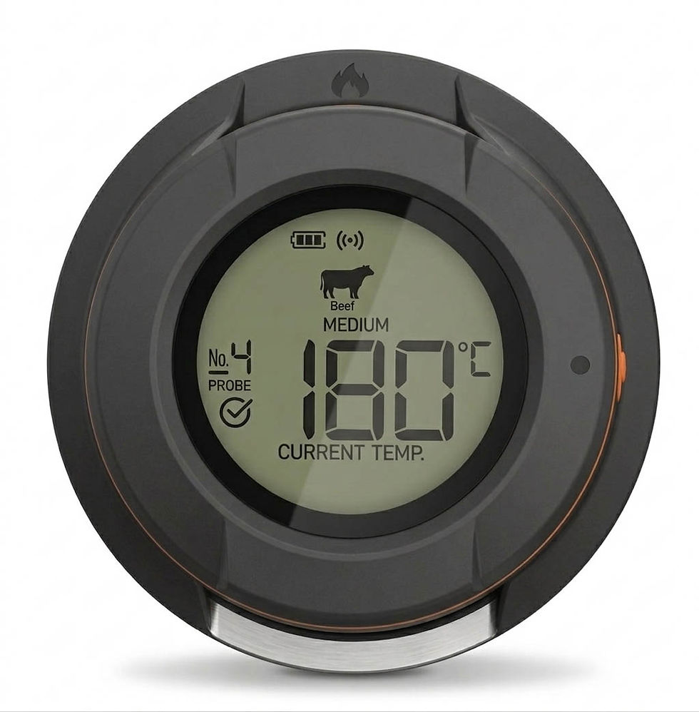 Pantalla LCD del Termómetro Smart Kamado mostrando temperatura 180°C y tipo de carne Beef Medium