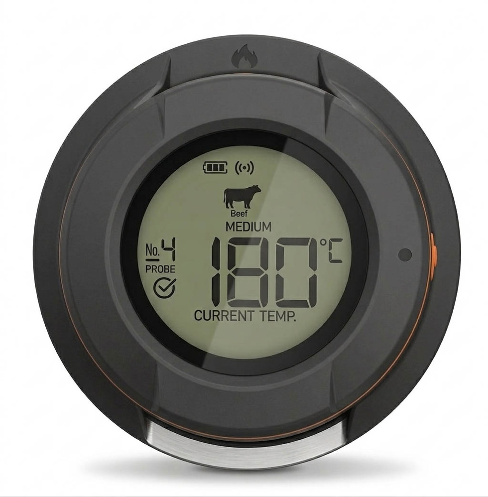 Pantalla LCD del Termómetro Smart Kamado mostrando temperatura 180°C y tipo de carne Beef Medium