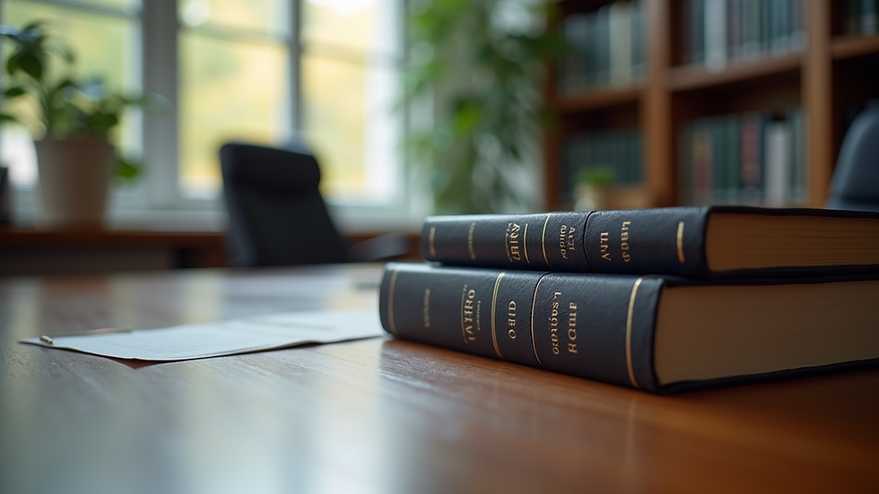 Wide angle view of a professional office setting with legal books