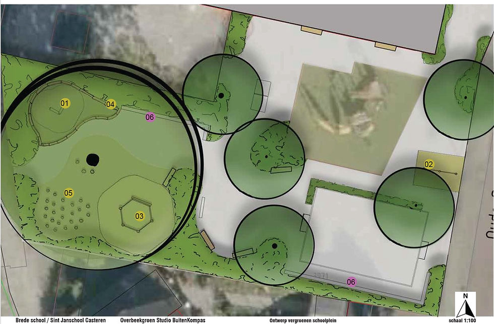 Ontwerp van het groene schoolplein van de St.-Jansschool in Casteren door Studio Buitenkompas, met bomen, groene speelzones en ruimte voor natuurlijk spelen.