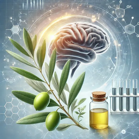 Ein Olivenzweig mit reifen Oliven im Vordergrund, der die natürliche Quelle von Hydroxytyrosol darstellt, und ein leuchtendes Gehirn im Hintergrund, das die neuroprotektiven Vorteile symbolisiert. Wissenschaftliche Elemente im Hintergrund weisen auf die Forschungsbasis des Produkts hin.
