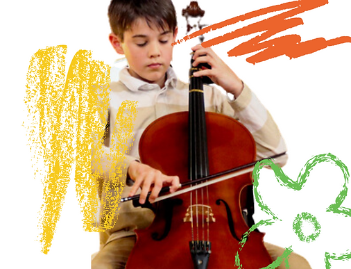 Boy playing violin in front of orange crayon scribbles – part of FAME Center web update graphics