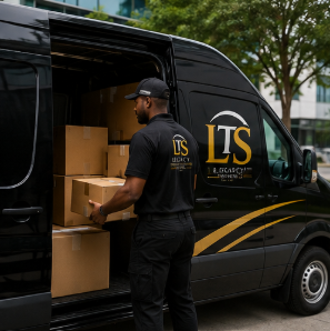 Courier completing a package delivery at a customer location