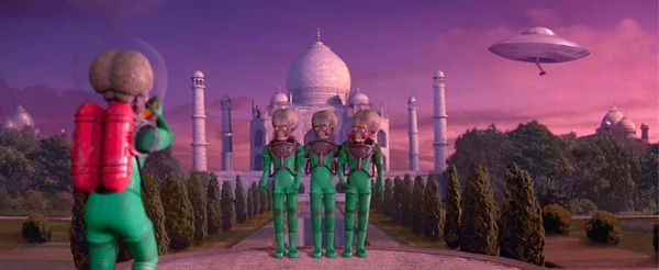 The martians pose for a photo in front of the Taj Mahal before promptly blowing it up.
