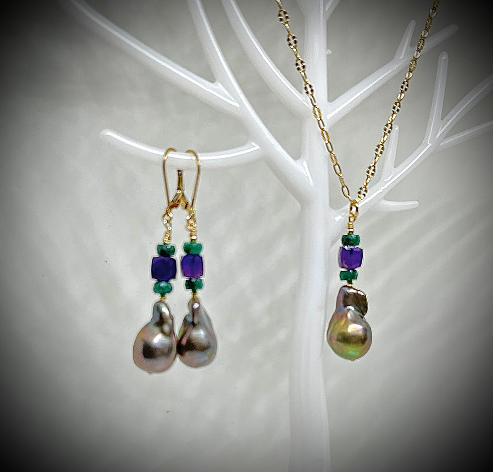 Thumbnail: Baroque Tahitian black pearl green emerald amethyst 14K gold fill drop earrings pendant necklace set mardi gras ball jewelry