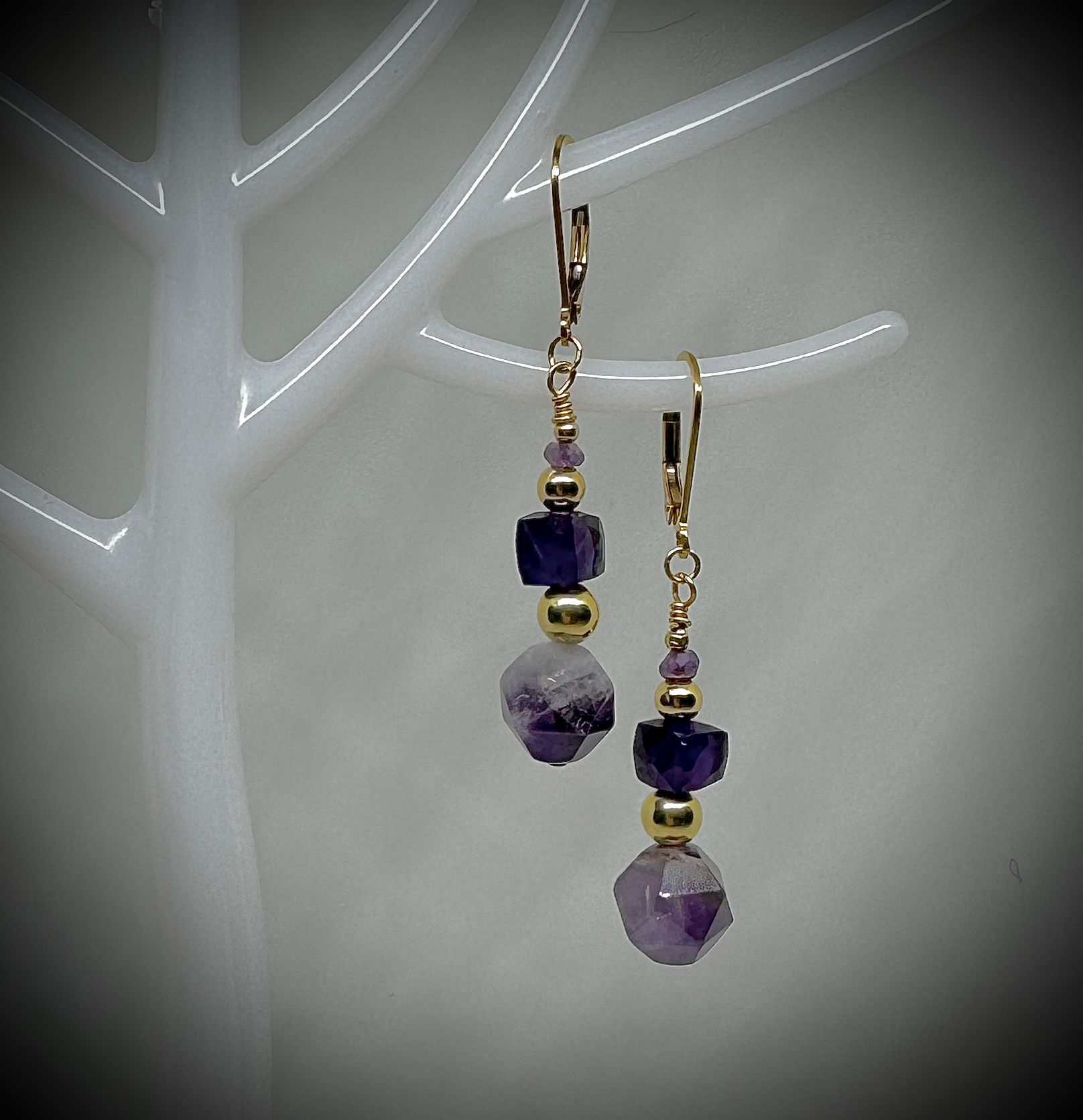 Geometric Amethyst and 14K Gold Fill Drop Earrings