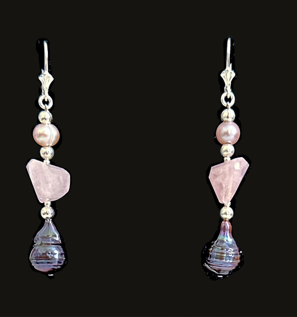 Thumbnail: Tahitian Black Pearl, Rose Quartz, and Freshwater Pearl Silver Drop Earrings