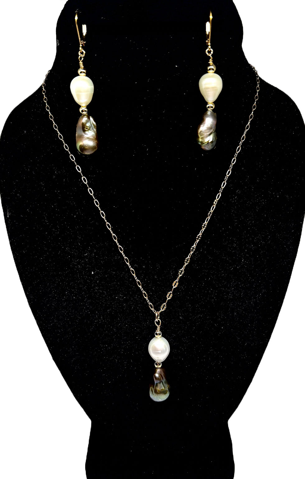Thumbnail: Hand crafted necklace and earrings with hand matched large Baroque Tahitian pearls or peacock pearls and teardrop shaped whit