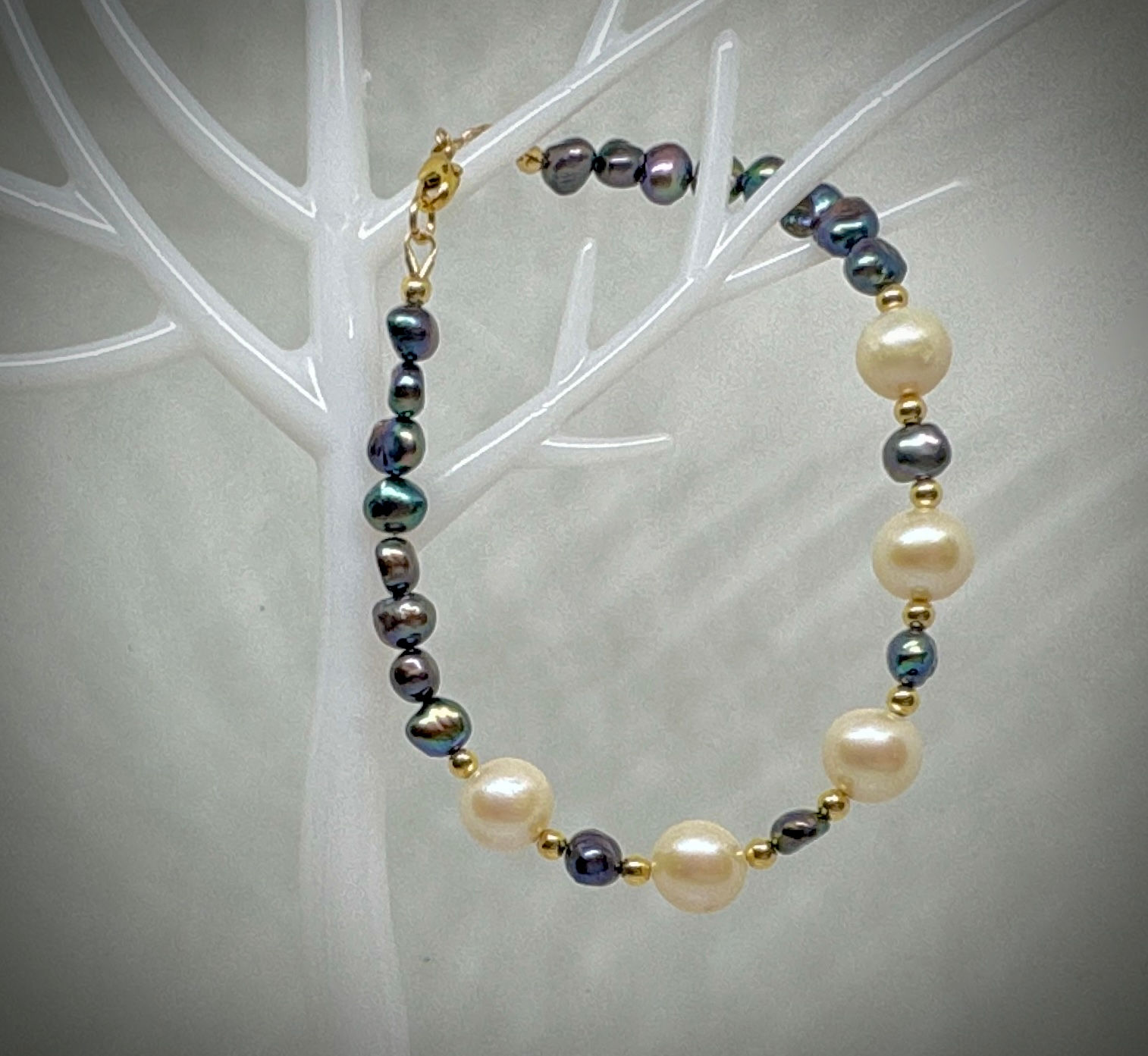 High Luster White Freshwater Pearl and Peacock Seed Pearl 14K Gold Fill Bracelet